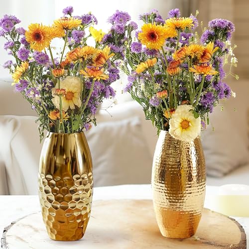 Image of Behoma Metal Hammered Vase for Home Decor | Decoratives for Indoor Outdoor Living Room Balcony |Golden Half Hammered & Full Hammered Oblong Shape (Flower not Included) (Set of 2)