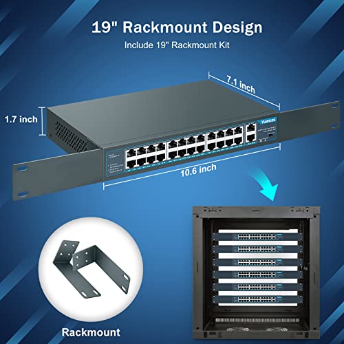 Image of Yuanley 24 Port PoE Switch with 2 Gigabit Ethernet Uplink Port, Unmanaged 26 Port 802.3af /at 400W Power PoE+ Network Switch, Rackmount Plug and Play