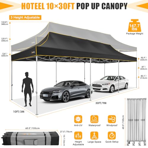 Image of HOTEEL 10x30 Heavy Duty Pop Up Canopy, Instant Commercial Gazebos for Party Wedding Event, Waterproof UV 50+ Windproof Tent with Upgraded Thick Hexagonal Legs, Equipped with Wheeled Carry Bag, Black