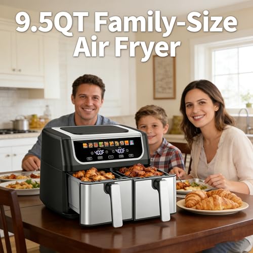Image of HealSmart 9.5Qt Dual Basket Air Fryer, 10-in-1 Smart Air Fryer with 1700W, Independent Temperature Control, Sync Cook & Shake Reminder, Nonstick Air Fryer Oven for Family Meals, Black