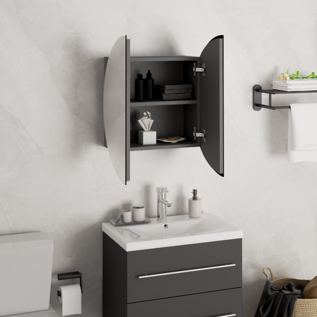 Badezimmerschrank mit LED rundem Spiegel Grau 40x40x17,5 cm Holzwerkstoff Wandbefestigung praktischer Stauraum moderner Look für kleine Badezimmer Gäste WC und Wellnessbereich