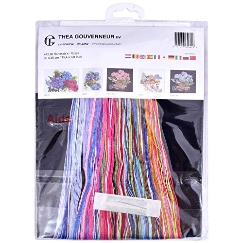 Image of Thea Gouverneur - Counted Cross Stitch Kit - Hydrangea & Rose - Aida Black - 18 Count - Embroidery Kit for Adults - DMC Embroidery Threads and Other Cross Stitch Supplies Included - 442.05