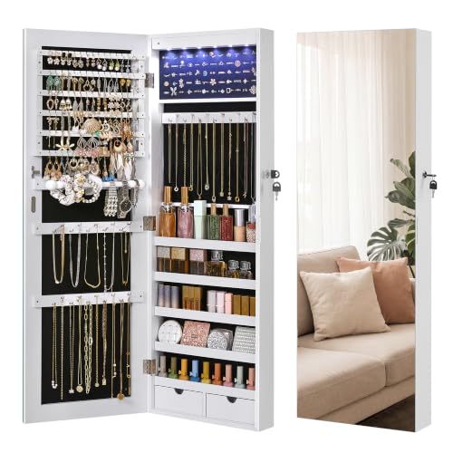 Image of SONGMICS HOME Mirror Jewelry Cabinet, Lockable Hanging Jewelry Organizer with Full-Length Mirror, Door or Wall Mounted Storage Cabinet, Interior LED Lights, White
