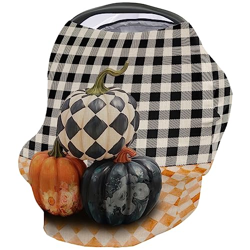 Nursing Cover for Breastfeeding Scarf, Black Plaid Orange Check Pumpkin Fall Thanksgiving Baby Car Covers Super Soft Multi Use for Canopy Shopping Cart Cover Blanket Stroller Cover