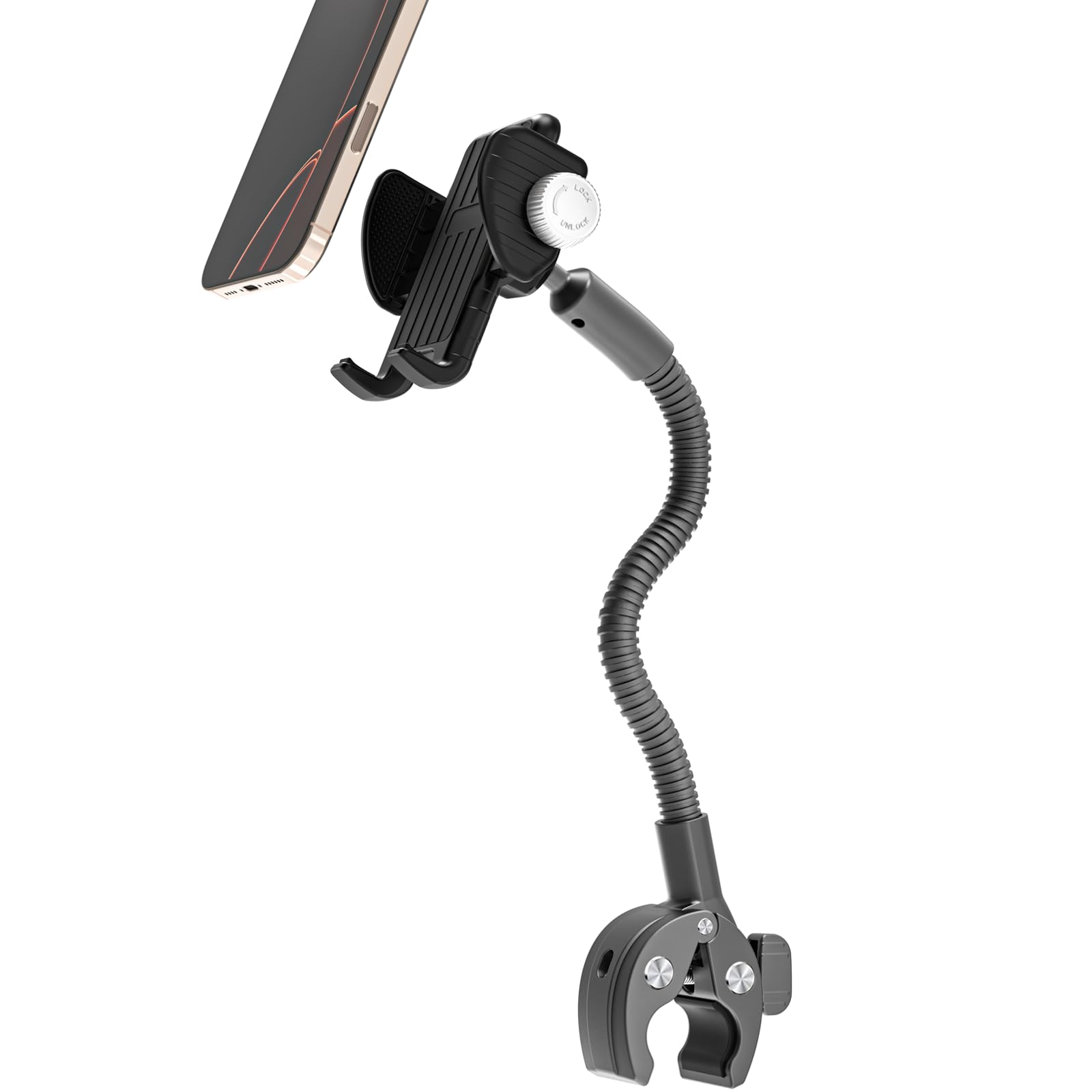 Support de téléphone Portable col de Cygne Rotatif à 360° pour Fauteuil Roulant - [Contre Les Chutes], Porte de téléphone pour Poussette pour Tous Les Smartphones avec Coque épaisse