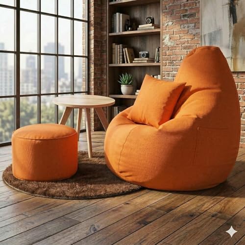 Image of IVIKA Bean Bag with Stool & Cushion | XXXXXL Size Premium Leatherette Bean Bag for Gaming, Living Room & Bedroom (5XL - Orange)