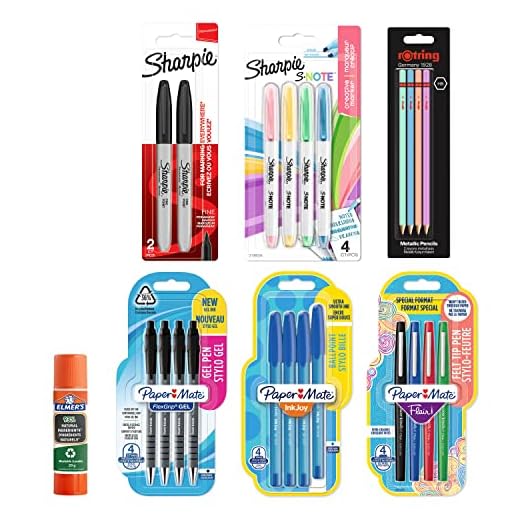 Paper Mate Material de papelería, Sharpie, rOtring y Elmer's | Bolígrafos, bolígrafos de gel, rotuladores, rotuladores fluorescentes, lápices HB y barra de pegamento | 23 unidades