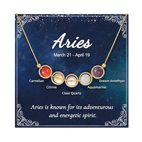 Nymerianoble Gold Aries Zodiac Necklace Gift for Women Aries Birthday Gifts Natural Stone Healing Crystal Necklace Citrine Amethyst Spiritual Jewelry