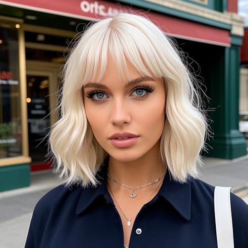 Sarensall Platinum Blonde Wigs for Women Short Wavy Blonde Bob Wig With Bangs Heat Resistant Synthetic Wigs for Daily Party Cosplay Costume Wig Use