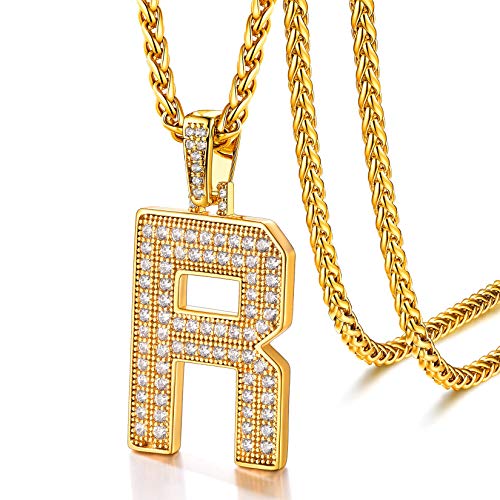 U7 Gold R Necklace Men 18K Gold Plated Chain Bling Hip Hop Costume Jewelry Full CZ Iced Letter Pendant Initial Necklace