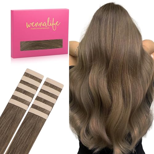 Image of WENNALIFE Tape in Hair Extensions Human Hair Muted Light Brown Brunette Tape in Extensions, 10pcs 30g 24 inch Remy Invisible Tape Ins Straight Colored Soft Real Human Hair Tape in Extensions Refill Se