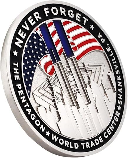 Image of PinMart's September 11th 25th Anniversary 3D Challenge Coin - Double-Sided 9 /11 Memorial Challenge Coin, Never Forget Tribute, Patriotic Commemorative Collectible