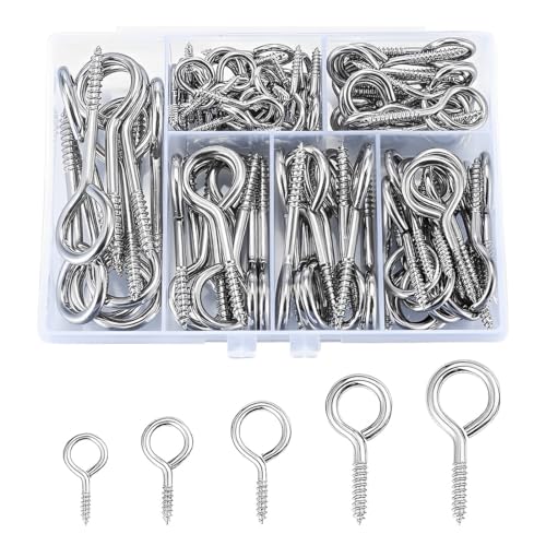 SGERUFZ 80pcs Ganchos de Tornillo Hembrillas Cerradas 5 Tamaños Pernos de Ojos Atornillables Cancamos Grandes y Alcayatas por Madera Artesanía Llavero