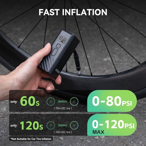 CYCPLUS A3 Mini Electric Bike Pump, 120 PSI Electric Air Pump with Presta and Schrader Valve，Auto Shut-Off Tire Pump for Road Bikes, MTB, E-Bikes and Motorcycle — view 4