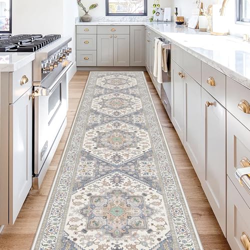 OPPODREAM Soft Entryway Rug 2x10, 2x10 Rug Runner, Washable Hallways Carpet 2 x 10 with Non Slip Backing, Low-Pile Bedside Carpet 2 x 10, Long, Faux Cashmere, Purple & Green & Cream