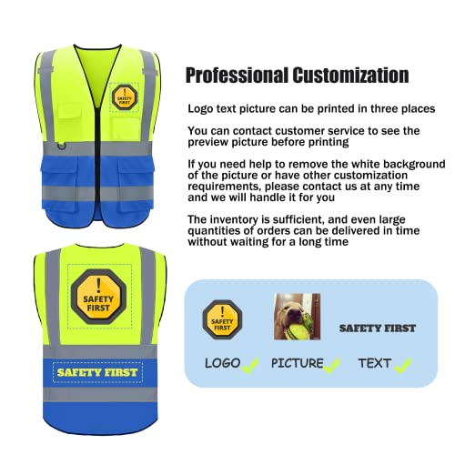 Beautywill Custom Safety Vest With Logo, Class 2 Personalized High Visibility Outdoor Protective Workwear With 5 Pockets (Yellowblue, L) #TOP1