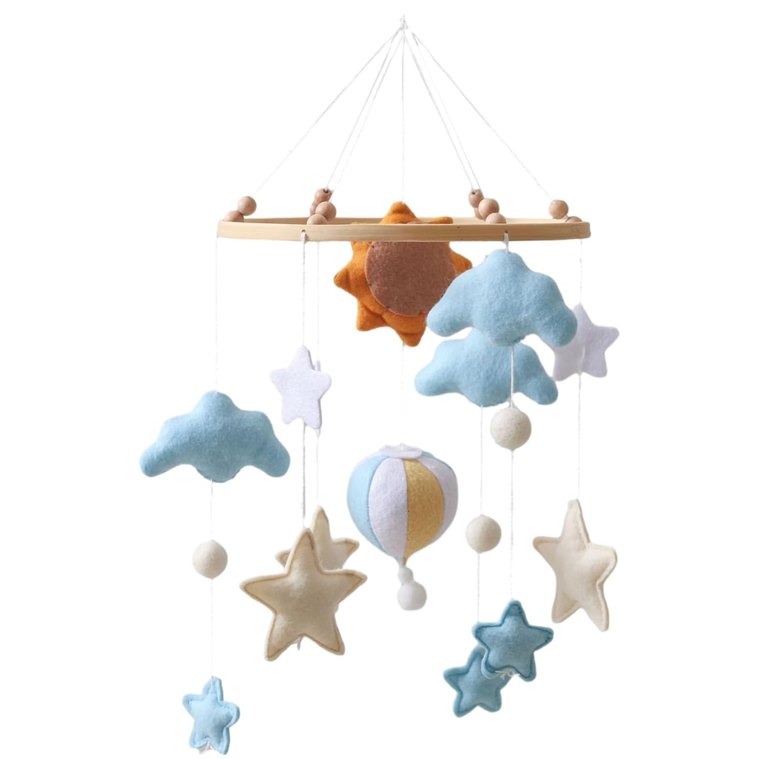 Nursery Crib Mobile, Sun with Hot Air Balloon Design, Hanging Cloud, Star, and Balloon Toys, Safe, Soft, Handmade Felt Decorations, for Little Ones