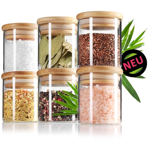 Robin Goods® 6X Storage Jars with Bamboo lids 200ml, Storage Jars for Spices Made of Reinforced Borosilicate Glass