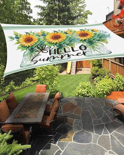 Waterproof Sun Shade Sail Hello Summer Yellow Sunflowers Oil Painting Outdoor Patio Sun Shades Canopy UV Block Water Resistant Sunshade for Garden Backyard Deck Pergola 8x10 Ft