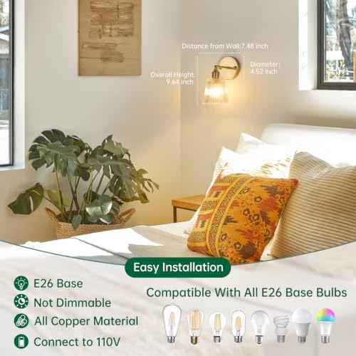 Image of Shenmoyl Vintage Wall Sconces Set of 2 with Transparent Stripe Glass Lampshade 180 Degree Adjustable Brass Sconces Hradwired Modern Wall Lighting Fixture with Switch for Bedside Bedroom Doorway