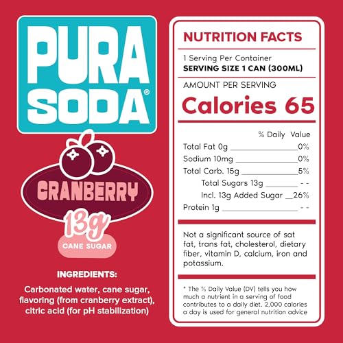 Image of PuraSoda Cranberry - 12g Pure Cane Sugar Soda, 10 Fl Oz, Pack of 24 | Real Fruit Extract, Non-Gmo Vegan, No Stevia Or Artificial Sweeteners, 13g Cane Sugar, 10 Fl Oz Cans