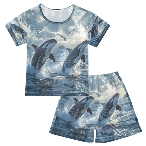 ALAZA Whale Ocean Sea Seagull Pajamas Set Short Sleeve Cotton Sleepwear Summer Pjs 2 Piece 5-14Y