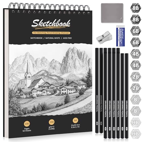 DazSpirit Cuaderno de Dibujo A4, Sketchbook con Tapa Dura y Papel Grueso 200g/m², 12 Lápices de Dibujo & Gomas, Bloc de Dibujo Espiral, 50 Hojas/100 Páginas, Perfecto para Lápices, Carbón, Pasteles