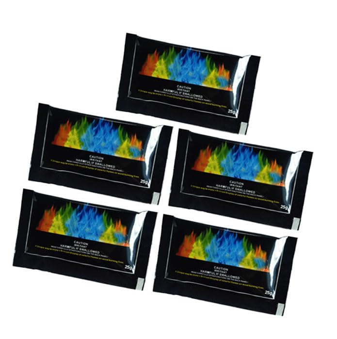 5 Stück BBQ Camping Farbflammenpulver – Regenbogen-Lagerfeuerfarbe für Feuerstellen, 25 G Mehrfarbiges Feuerwerkspulver für Wärme und Partys | Hinweis: PE-Beutelverpackung