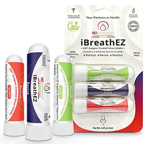 iBreathEZ Nasal Sinus Inhaler Kit Formulated by ENT Surgeons with Essential Oils for Energy, Stress, Decongesting & Cold or Allergy Relief (3 Pack)