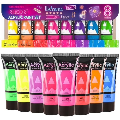Aureuo Neon Acrylic Paint Set - 8 Fluorescent Colors 0.71 Fl Oz / 21Ml Art Paint Tubes For Crafts Decor Rich Pigments Non-Toxic Painting Supplies For Artists Hobby Painters Adults