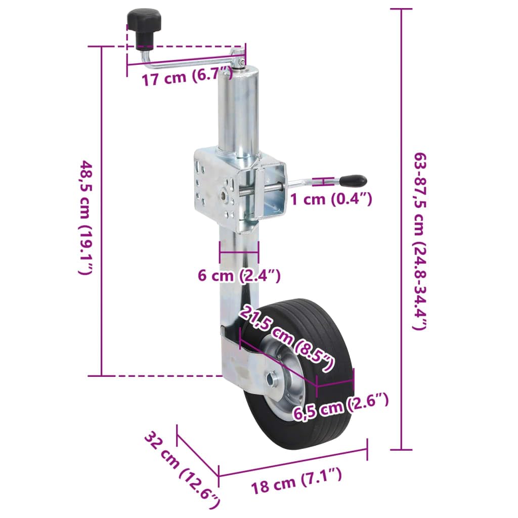 Stützrad mit Klemme 60 mm für Anhänger aus verzinktem Stahl, höhenverstellbar von 63 bis 87,5 cm mit Vollgummirad und Gummigriff
