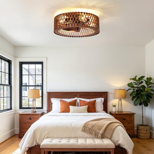 Image of 20 inch Farmhouse Flush Mount Ceiling Fan with Light, Low Profile Wooden Fandelier Ceiling Fan with Remote, 6 Speed Reversible Caged Ceiling Fans with Lights for Bedroom Kitchen Living Room