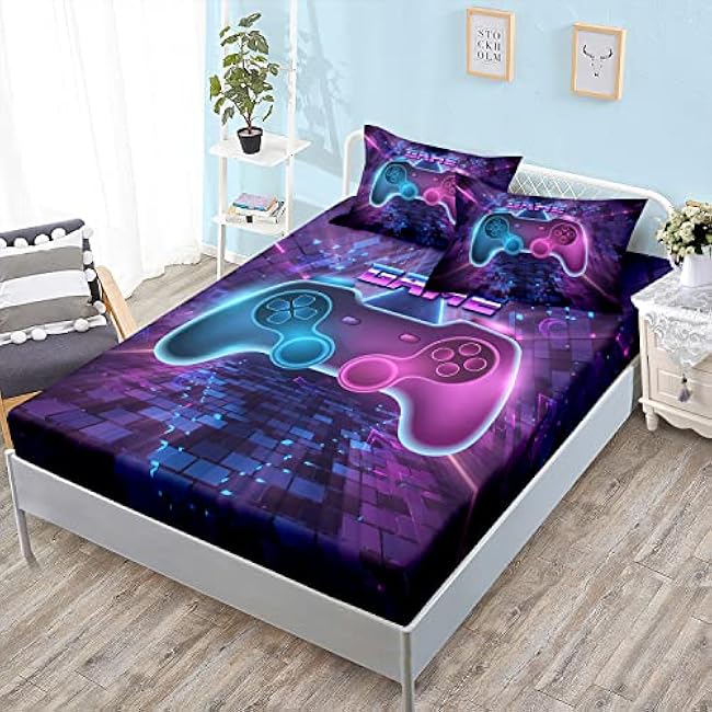 HOSIMA Gaming Bedding Gamepad Fitted Sheet Twin Size and Gamer Bedding Sets for Boys Used to Gamer Room Decor,1 Fitted Sheet+2 Pillowcases.