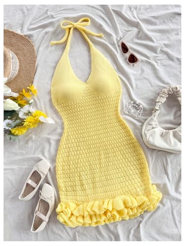 Image of GORGLITTER Women's Vacation Outfit Crochet Halter Knit Bubble Mini Dress Sexy Beach Cruise Summer Miami Resort Outfits