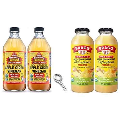 Bragg Organic Apple Cider Vinegar With the Mother 16 Oz Pack of 2 w/ Measuring Spoon and Bragg Organic Ginger Lemon Honey Vinegar Drink 16 Oz Pack of 2 Bundle