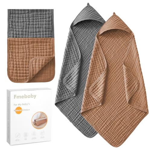 Image of Fmebaby Hooded Baby Towels for Newborn, 2 Pack 36x36Inch Muslin Cotton Baby Bath Towel and 2 Pack 12x12Inch Washcloth Set with Hood for Babies, Toddler and Kids, Essentials Must Haves(Grey and Coffee)