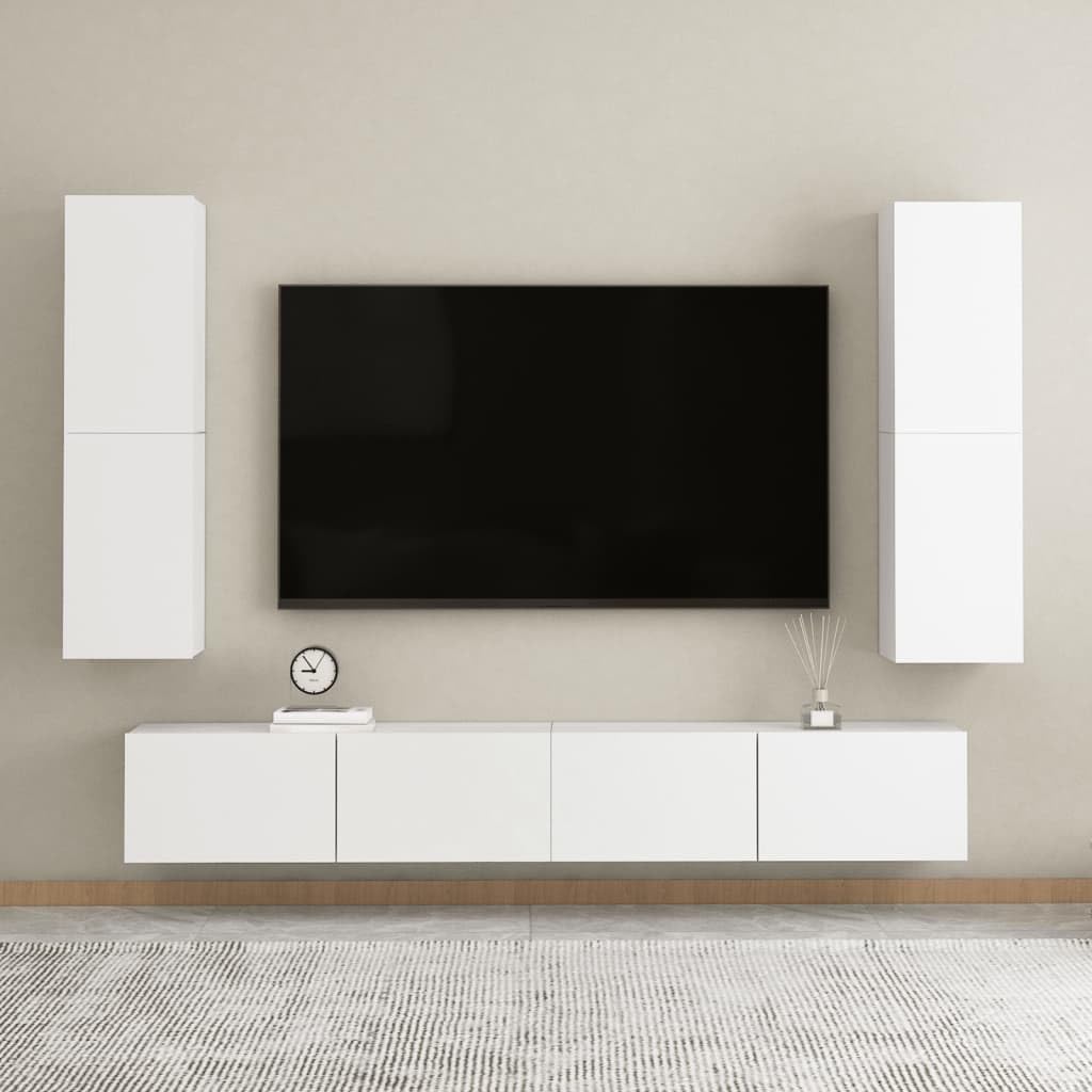 Mueble de TV colgante blanco 30,5 x 30 x 110 cm de material de madera moderno con 2 estantes, soporta hasta 60 kg, ahorra espacio, para salón, dormitorio, pasillo