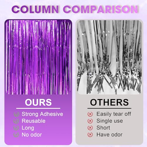 Image of Voircoloria 2 Pack Purple Tinsel Foil Fringe Curtains, Purple Party Decorations, Metallic Tinsel Party Streamers Backdrop for Halloween Mermaid Bachelorette Graduation Party Decorations