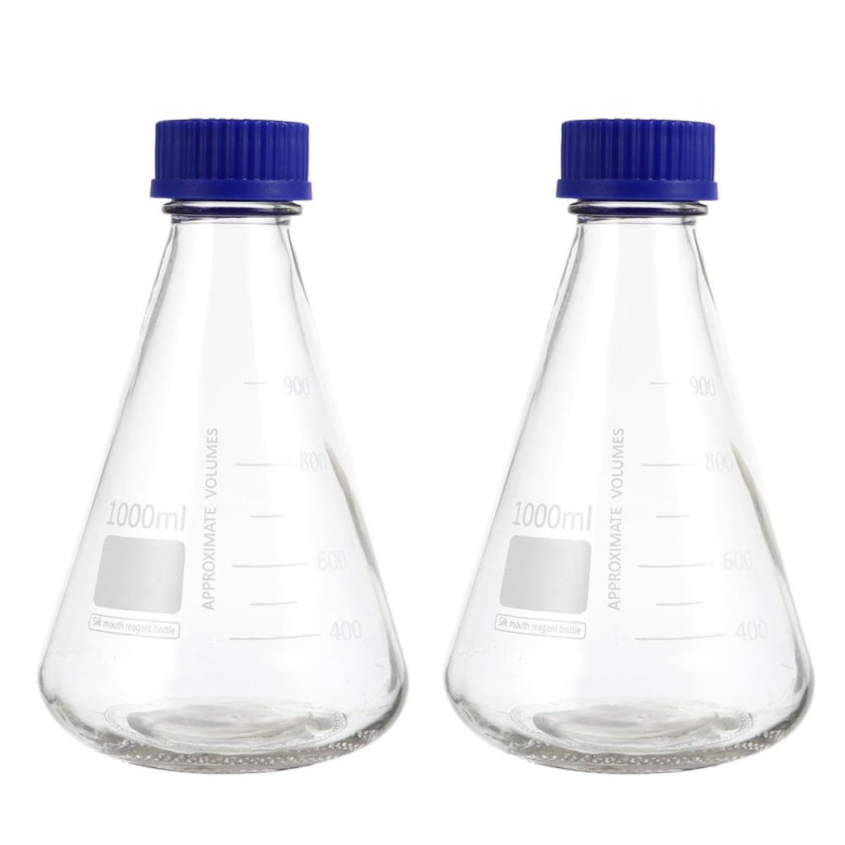 BETOOKY 2 Bottiglie Beuta Conica da Laboratorio 1000ml in Vetro Tappo Blu e Scala Graduata, Fiasche per Esperimenti Chimici per Uso Professionale e Scolastico, Strumenti Scientifici