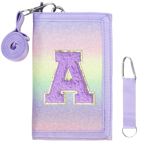 SiorVeol Carteira Infantil Dobrável Tripla com Glitter Azul e Roxo para Meninas