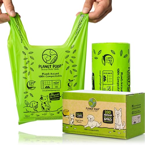 Image of PLANET POOP Home Compostable Dog Poop Bags with Handles, Large Single Roll 200 Grab & Go, Un-Scented Pet Waste Bag, Leakproof for Cat Doggy & Pets, Plant-Based Dog Supplies