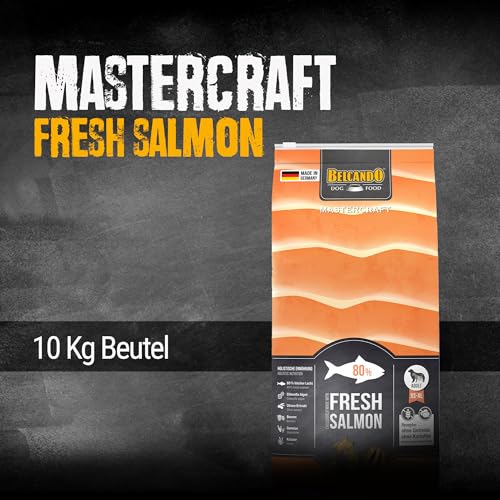 BELCANDO MASTERCRAFT Hundefutter trocken Fresh Salmon, 10kg, Trockenfutter für Hunde mit Lachs, 80% Frischfleisch, getreidefrei, für alle Rassen, Made in Germany