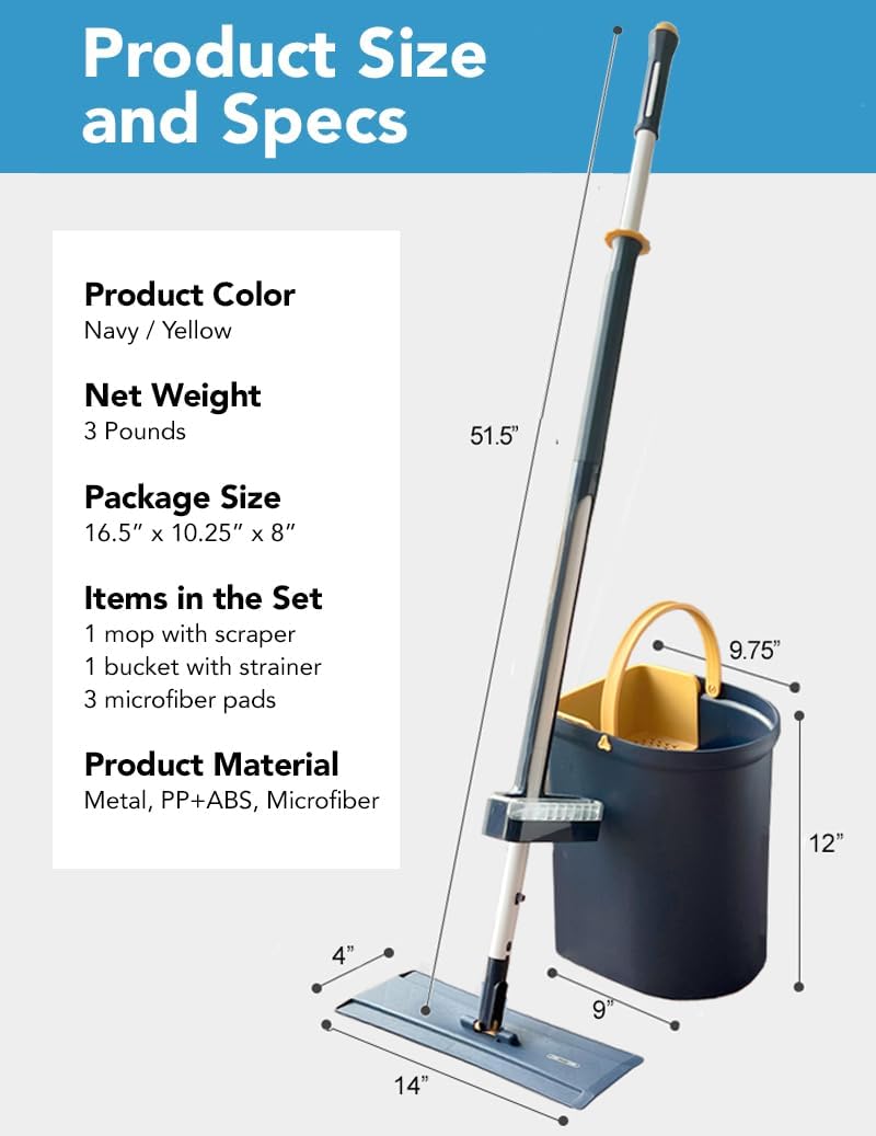 Flat Floor Mop and Bucket Set with Hands-Free and Self-Wringing | Mop for Floor Cleaning, Floor Mop with Reusable Microfiber Mop Pad, for Hardwood, Laminate and Tile Floors, (Navy)