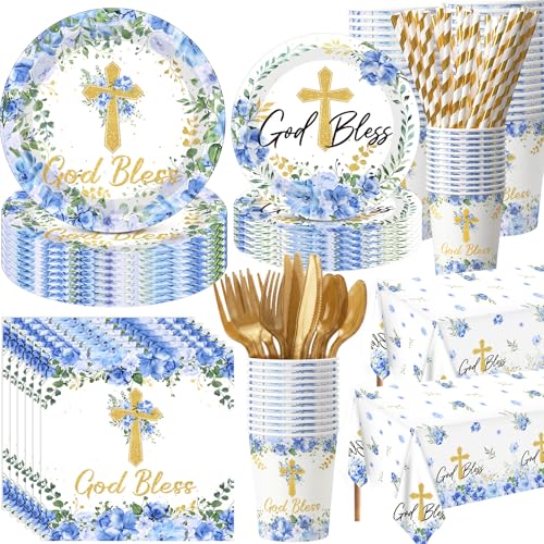LemonRoad 452 Pcs God Bless Baptism Party Decoration Boy for 50, Baptism Confirmation Paper Plate Napkin Cup Tablecloth Cutlery Straw Tableware for Christening Baby Shower Party Supply