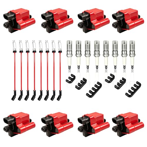 8 Pack UF271 Square Ignition Coil Set with Iridium Spark Plugs and 8mm Wires for Chevy Silverado GMC Sierra Tahoe Yukon 1500 2500 3500 4.8L 5.3L 6.0L LS Tune Up Kit 12558693 12556893 3859078 Red