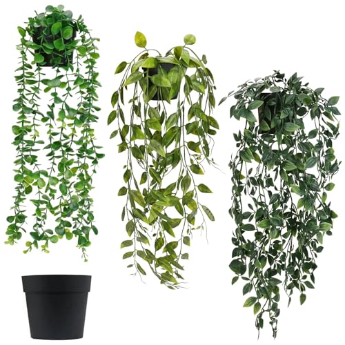 3 Stück Hängepflanzen mit Töpfen - Plastik Hängepflanze Künstlich, Kunstpflanze Eukalyptus Blätter im Topf, kunstpflanzen wie echt für Deko Modern Wohnzimmer Balkon Schlafzimmer Zimmer Tischdeko