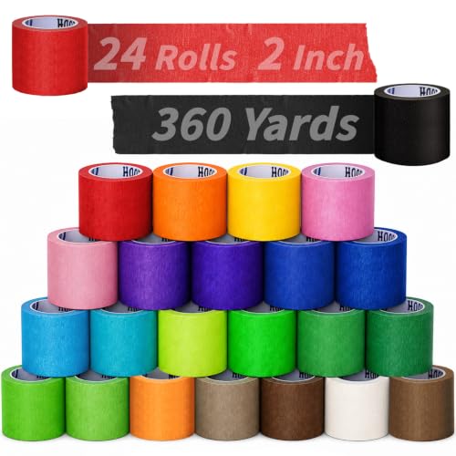 Image of Oleitodh 24 Rolls Colored Masking Tape Bulk for Art, 2 inch x 360 Yards for Crafts, Labeling, DIY Decorative, Colored Painters Tape, Rainbow Colors Tape for General Use Projects, Easy Tear No Residue