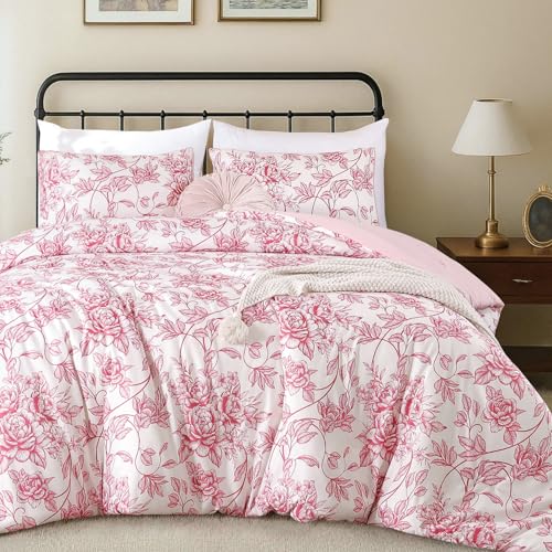 JANZAA Queen Size Comforter Set - Pink Floral Comforter 3 Piece Cute Floral Bedding for All Season 1 Soft Fluffy Breathable Microfiber Comforter Set with 2 Pillowcases