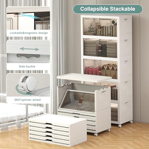 Image of UAMFURI 560QT Lockable Storage Bins with Lids - Stackable Storage Cabinet with Doors and Wheels, Collapsible Plastic Organizer and Containers for Closets, Office, 5 Pack Cubes