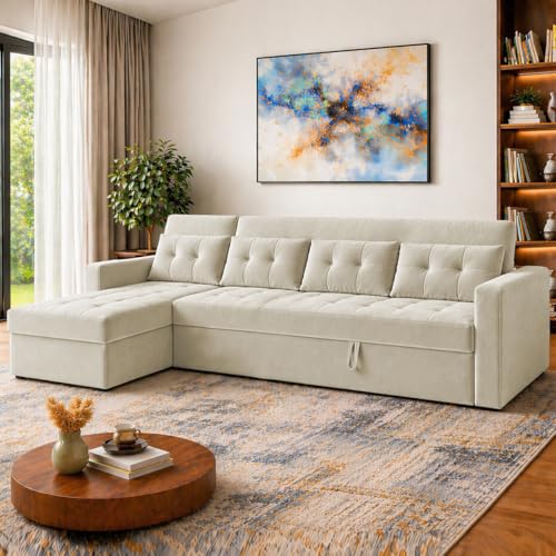 Image of Emilio 6 Seater LHS L - Shape Pull-Out Sofa Cum Bed Sofa for Living Room (Cream Fabric Color) Premium Fabric Sofa Set for Living Room Sofa Cum Bed